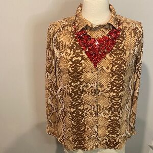 H&M Brown Snake Print Blouse with Red Accents